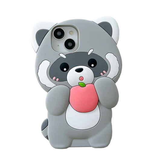 YAKVOOK Bear Case for iPhone 15 ProKawaii Phone Cases 3D Silicone Cartoon Raccoon Fun Cute Case Soft Rubber Shockproof Protective Case Women Girls for iPhone 15 Pro